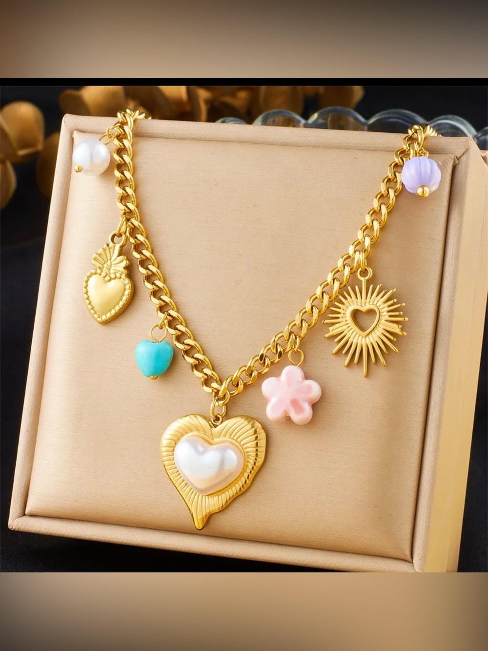 Gold Charm Heart Necklace with Pink, Turquoise & Pearl Accents